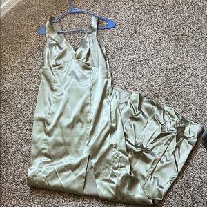 Birdy grey sea moss green shiny satin bridesmaid dress